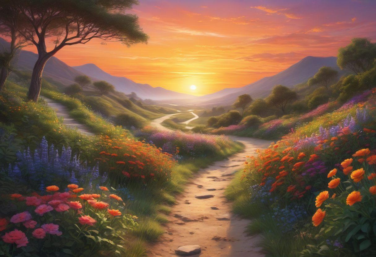 A serene landscape illustrating a journey: on one side, a vibrant sunrise symbolizing prevention with a path lined with healthy greenery; on the other, a sunset representing survivorship with blooming flowers and supportive hands entwined, showcasing hope and resilience. super-realistic. vibrant colors. soft focus.