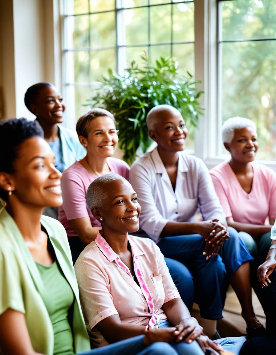 A diverse group of cancer survivors and advocates sitting together in a warm, inviting setting, sharing stories with empathetic expressions, surrounded by supportive visuals like hope ribbons and tranquil plants. Ethereal light streams through the windows creating a sense of community and healing, with soft pastel colors enhancing the emotional warmth. super-realistic. vibrant colors. soft focus.
