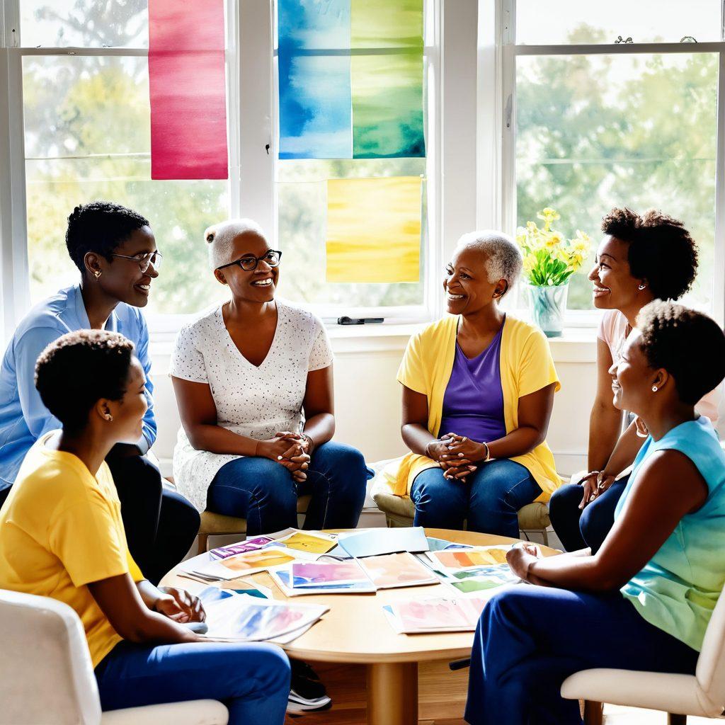 A diverse group of patients, each at different stages of their cancer journey, engaging in a supportive discussion circle. Bright, hopeful expressions on their faces, while surrounded by educational materials, heartwarming support banners, and accessible cancer resources. Soft rays of sunlight filtering through a window, symbolizing hope and empowerment. Colors should be warm and inviting to evoke comfort and solidarity. watercolor painting. vibrant colors. natural lighting.
